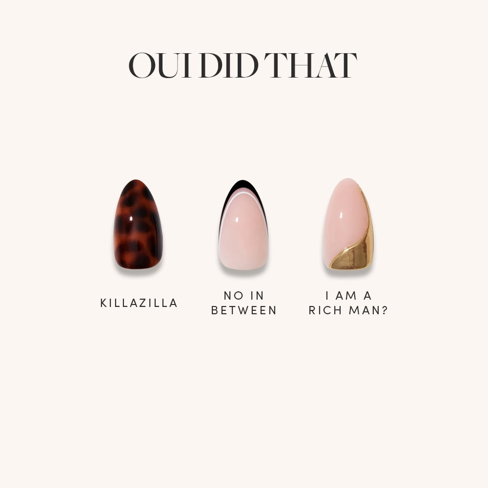 Three nail designs labeled 'KILLAZILLA', 'NO IN BETWEEN', and 'I AM A RICH MAN?' on a white background with text 'OUI DID THAT'.