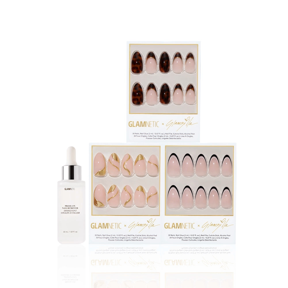 Product display of Glamnetic x Glamzilla ‘Oui Did That’ press-on nail collection bundle featuring all three designs—Killazilla, No In Between, and I Am A Rich Man?—with Glamnetic’s press-on nail remover - Product image
