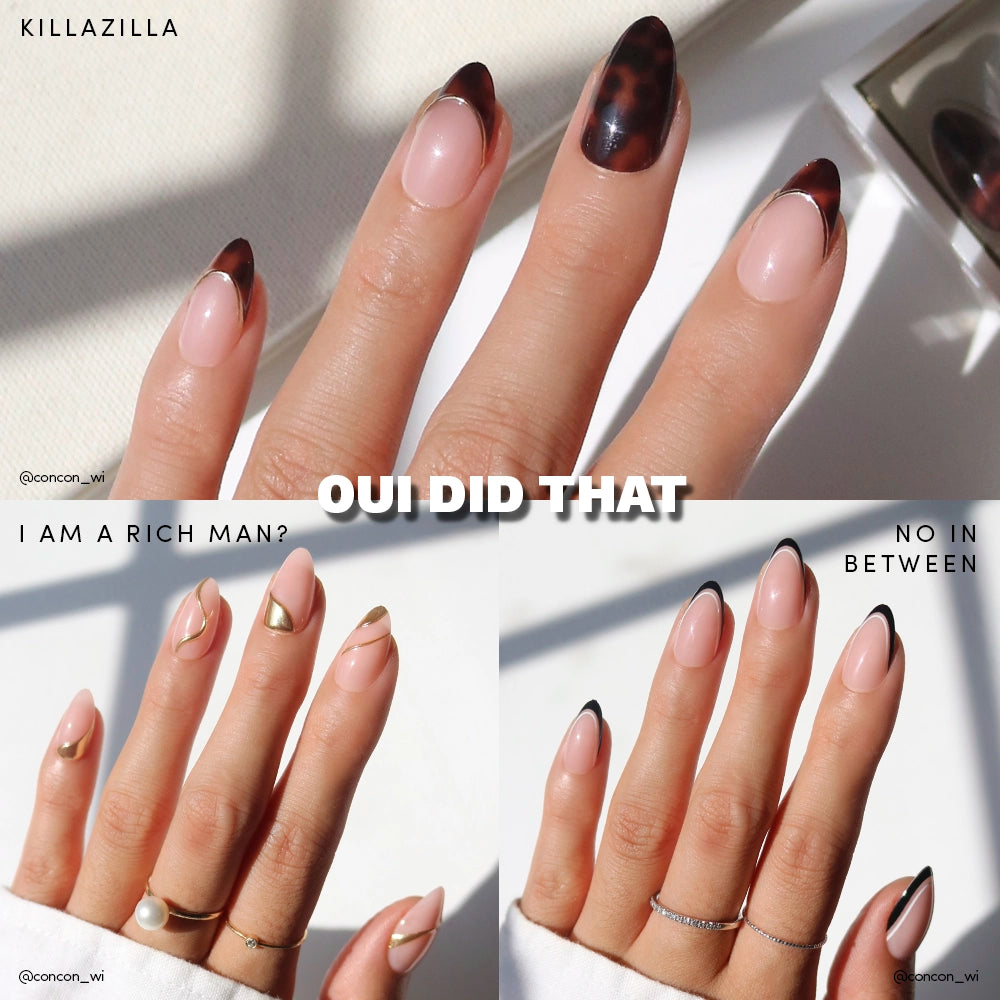 Collage showcasing three press-on nail designs from Glamnetic x Glamzilla ‘Oui Did That’ collection: 'Killazilla' with brown tortoiseshell French tips, 'No In Between' with edgy black French tips, and 'I Am A Rich Man?' with elegant nude and metallic gold waves. Text overlays include nail names and the phrase ‘OUI DID THAT’