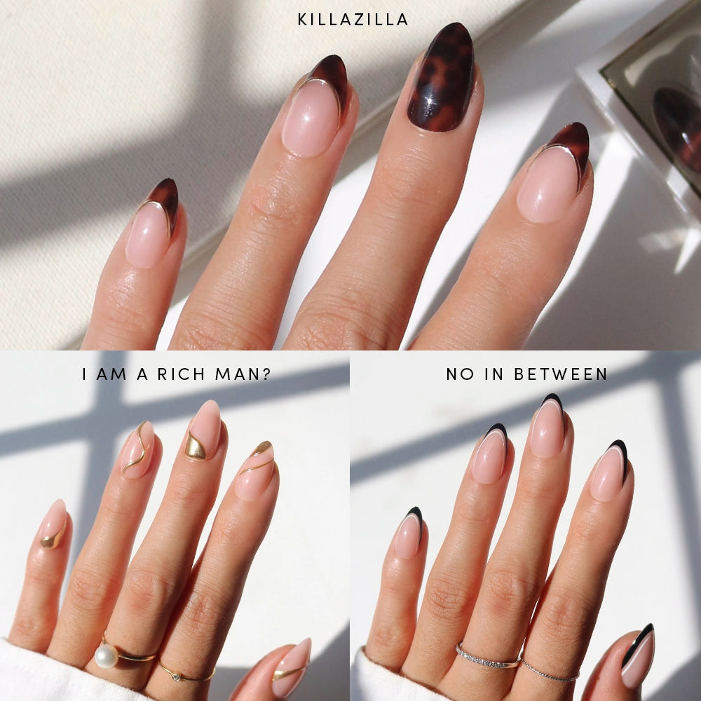 Collage showcasing three press-on nail designs from Glamnetic x Glamzilla ‘Oui Did That’ collection: 'Killazilla' with brown tortoiseshell French tips, 'No In Between' with edgy black French tips, and 'I Am A Rich Man?' with elegant nude and metallic gold waves. Text overlays include nail names and the phrase ‘OUI DID THAT’