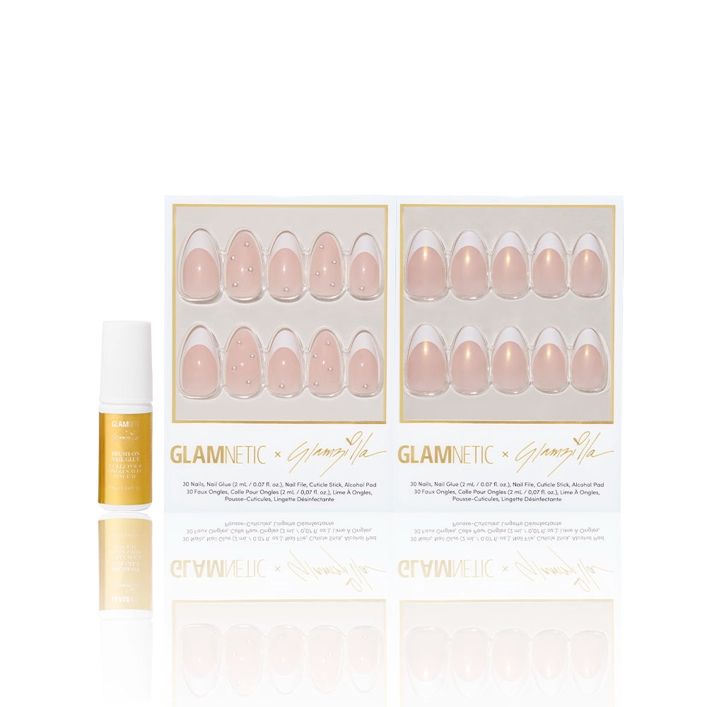 Glamnetic press-on nail set with packaging and a glamzilla brush-on nail glue on a white background - Product image
