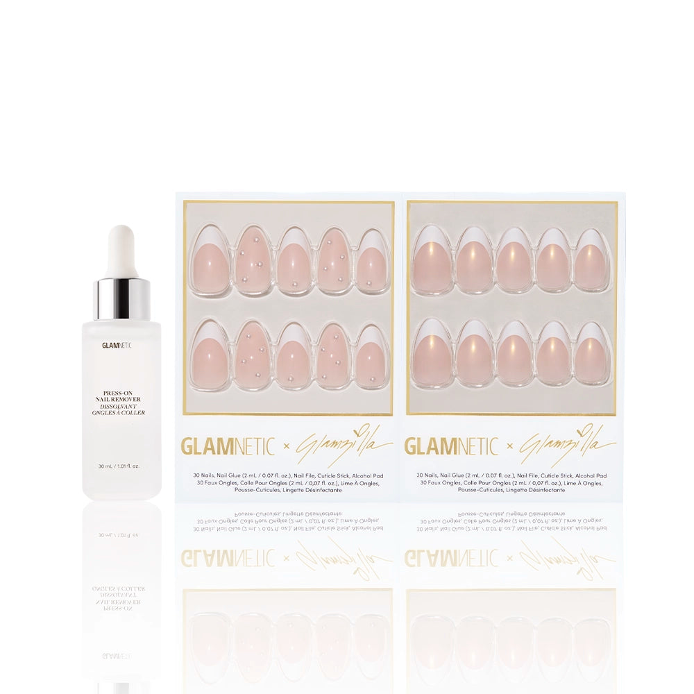 Glamnetic press-on nails set with a press-on nail remover bottle on a white background - Product image