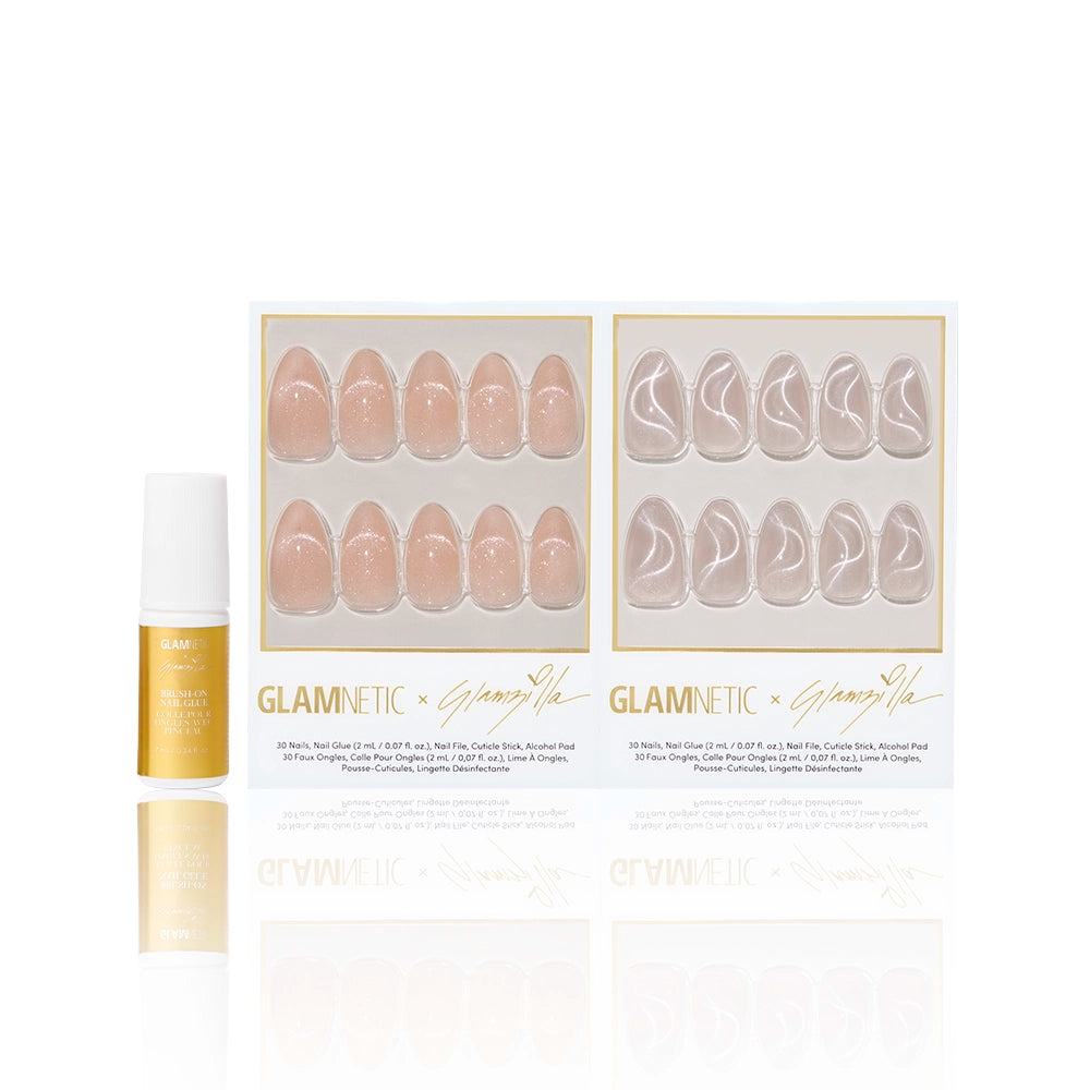 Glamnetic x Glamzilla ‘Velvetzilla’ nail set—two nude-toned press-on nail styles with shimmer and velvet finishes—shown with Glamzilla-branded yellow brush-on nail glue bottle. - Product image