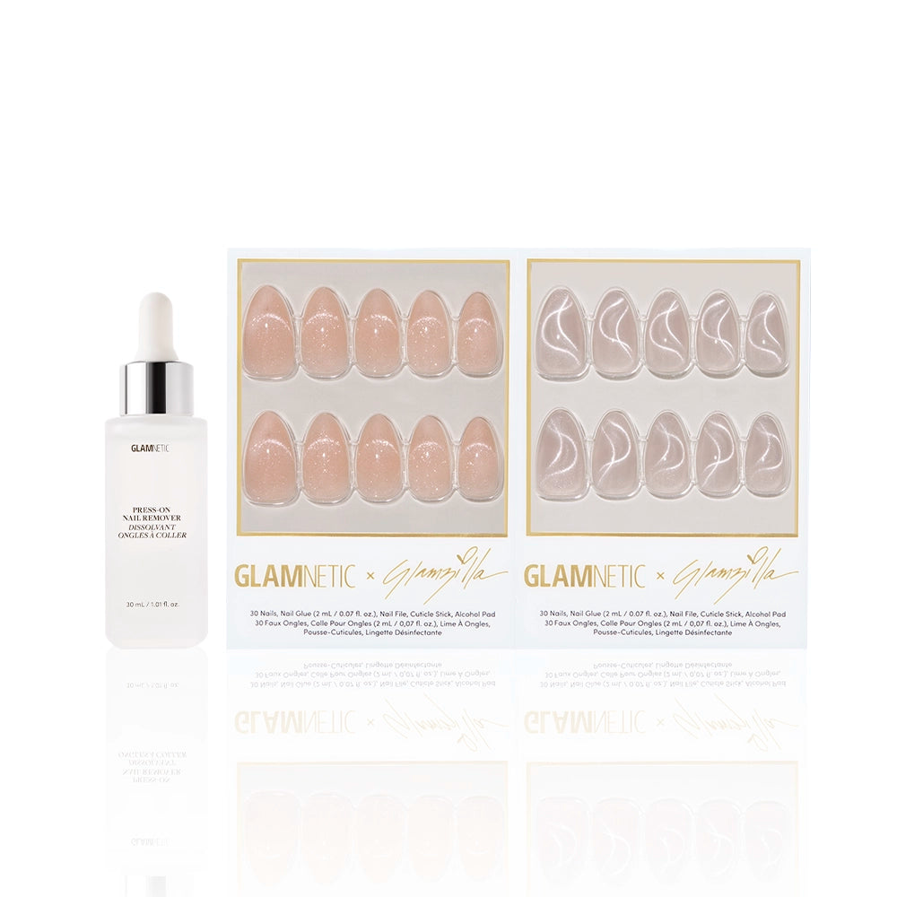 Flat lay of Glamnetic x Glamzilla ‘Velvetzilla’ press-on nail set paired with Glamnetic’s white dropper bottle of press-on nail remover. Nails shown: 'Not Your Cinder-Ella' and 'Woo-Man! - Product image