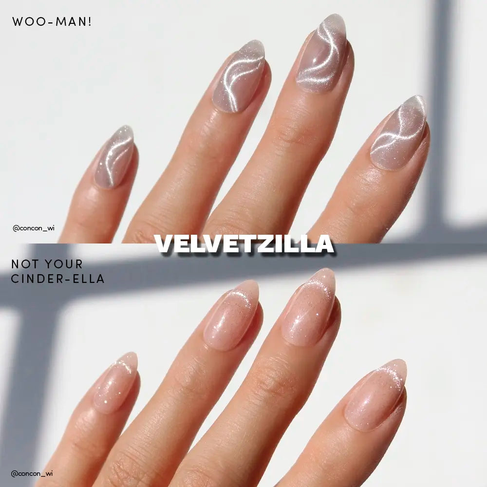 Hand model showcase of Glamnetic x Glamzilla ‘Velvetzilla’ nail designs. Top row: ‘Not Your Cinder-Ella’ shimmering nude tips. Bottom row: ‘Woo-Man!’ with velvety white swirls over translucent shimmer base. Text overlay: ‘VELVETZILLA.’
