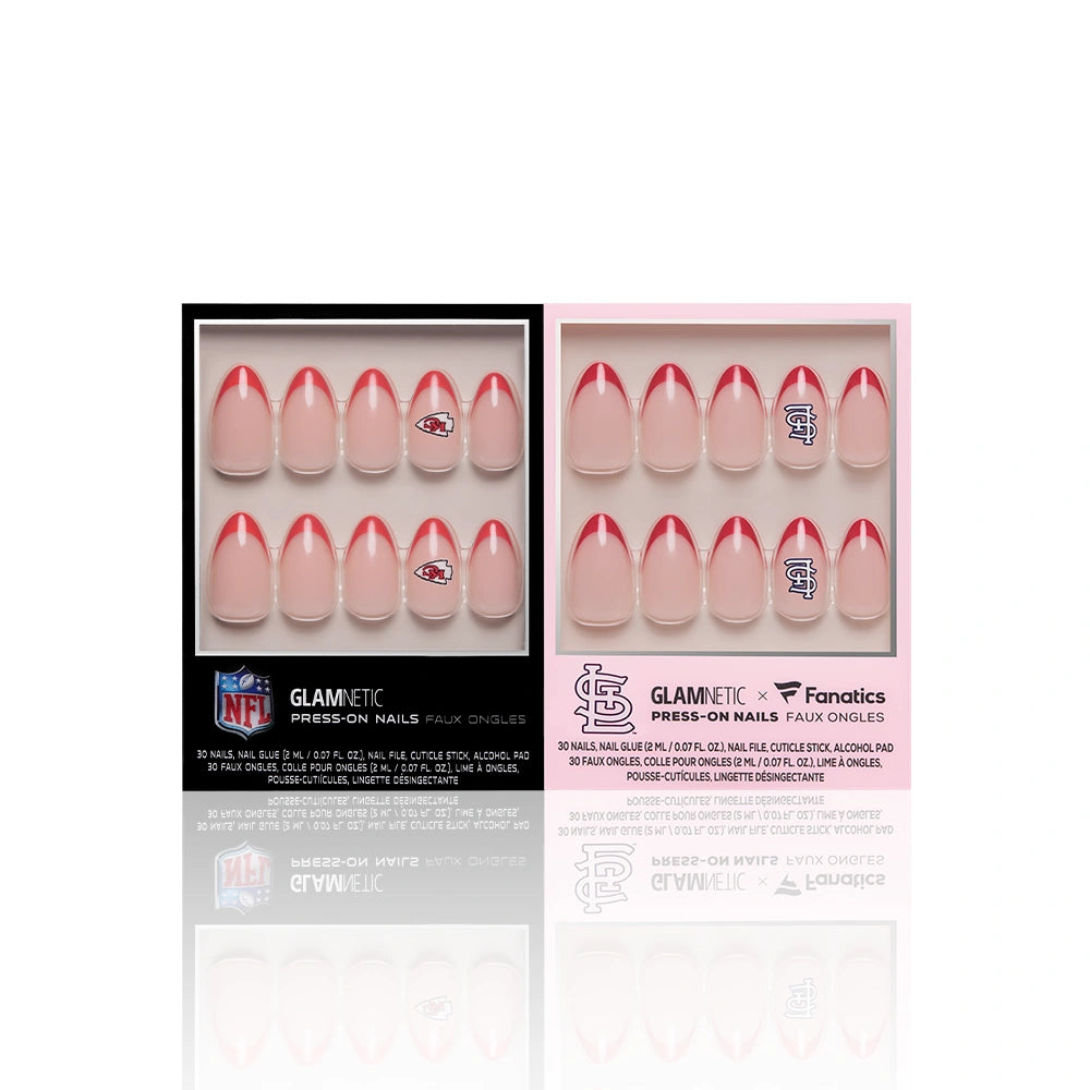 Two boxes of glamnetic Missouri All-Stars sports nail sets are featured: one includes Kansas City Chiefs designs with red tips, and the other St. Louis Cardinals themed press-ons. Each box holds a set of ten officially licensed nails. - Product image