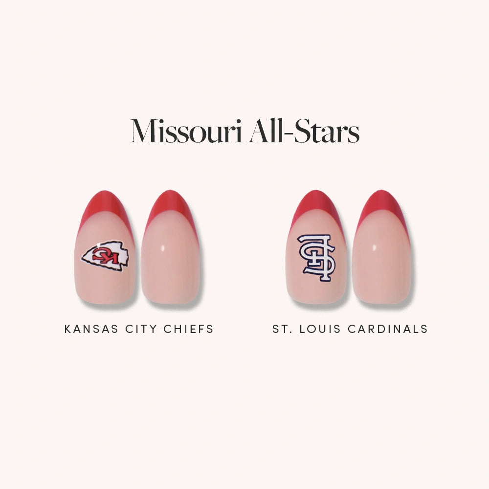 Show off your team pride with the glamnetic Missouri All-Stars set: four French tip press-on nails—two feature the Kansas City Chiefs logo and name, and two showcase St. Louis Cardinals designs. Officially licensed sports nail set for fans!.