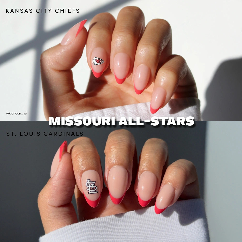 Two photos of manicured hands: one with glamnetic Missouri All-Stars press-on nails featuring Kansas City Chiefs red tips and logo, the other with St. Louis Cardinals red tips and logo. Text: Missouri All-Stars.