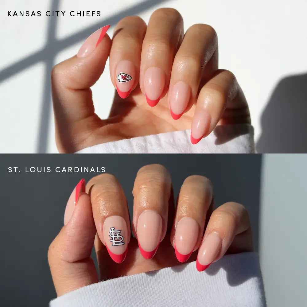 Two photos of manicured hands: one with glamnetic Missouri All-Stars press-on nails featuring Kansas City Chiefs red tips and logo, the other with St. Louis Cardinals red tips and logo. Text: Missouri All-Stars.