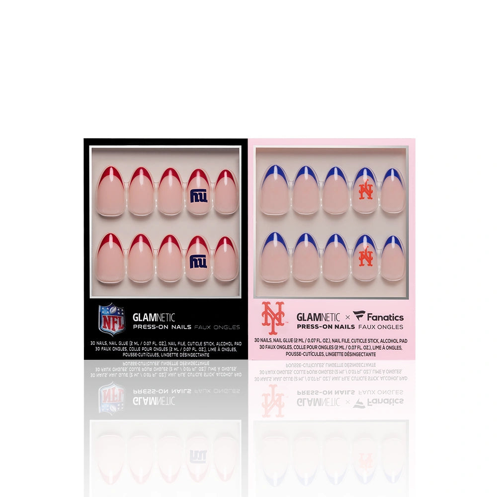 Two boxes of glamnetic's New York All-Stars: the left offers red-tipped Giants press-on nails, the right features blue- and red-tipped Mets press-ons—both with official team logos. - Product image