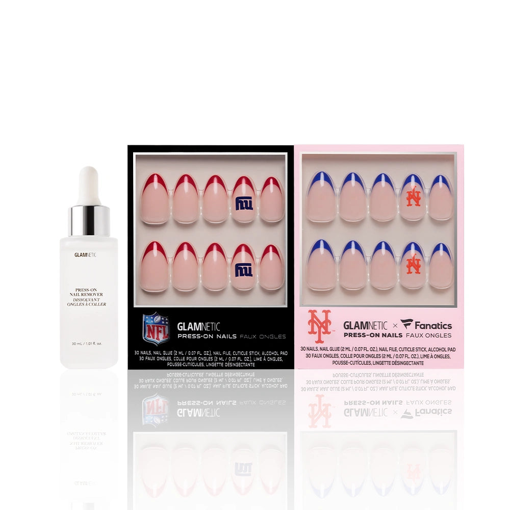 A bottle of cuticle oil is displayed beside two glamnetic New York All-Stars press-on nail sets, featuring officially licensed New York Giants and Mets designs with team logos and colored tips. - Product image
