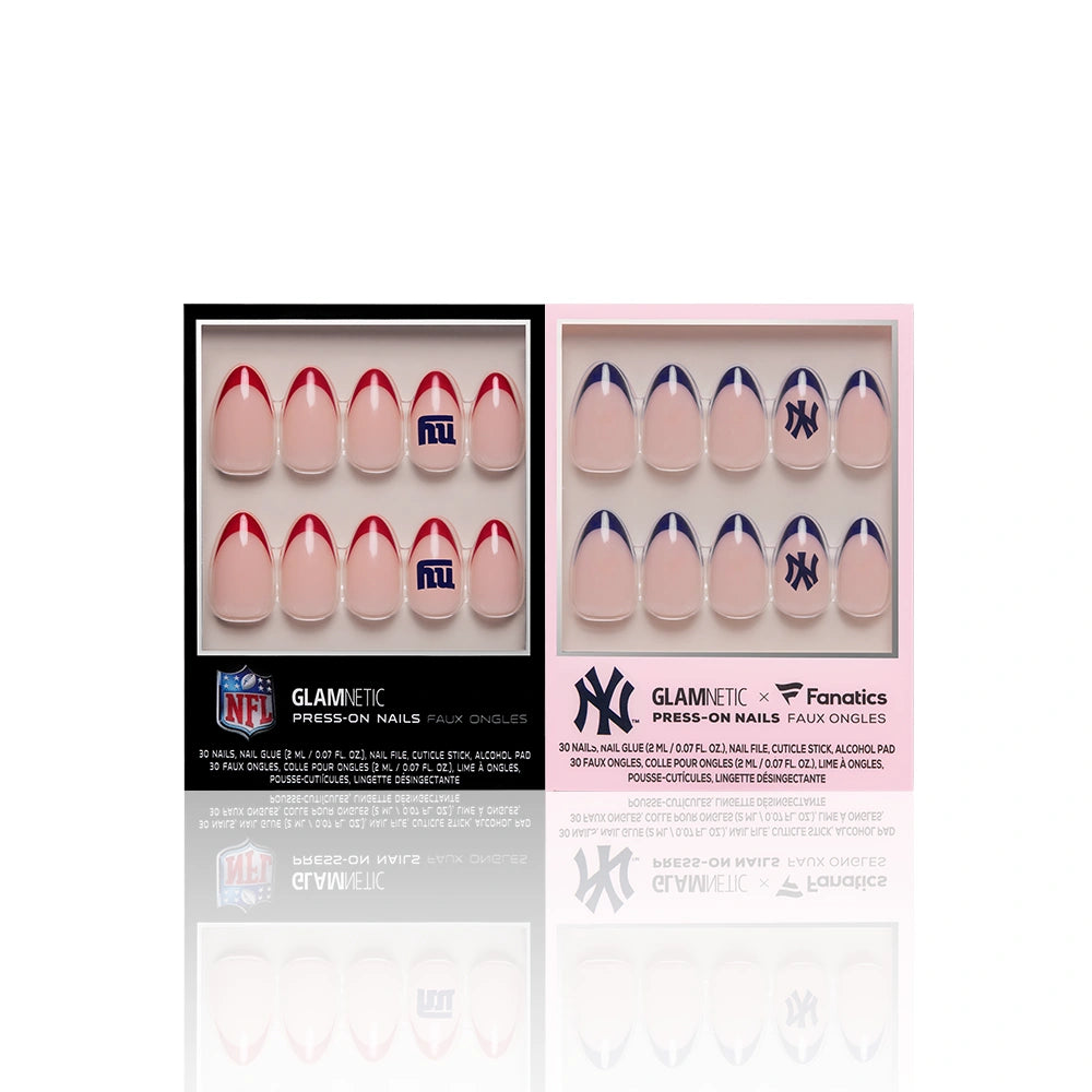 Two boxes of glamnetic New York All-Stars Giants & Yankees press-on nails are shown: one features red and blue Giants nails and the other blue Yankees nails, both displayed on a white background. - Product image