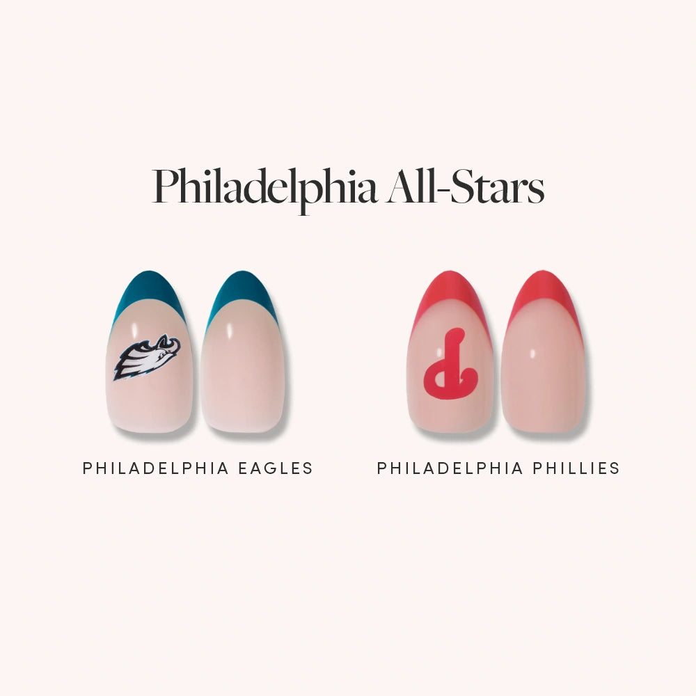 Glamnetics Philadelphia All-Stars set features officially licensed press-on nails: green-tipped with the Eagles logo and red-tipped with the Phillies P. Show your Philly pride with these fan-favorite nail designs!.