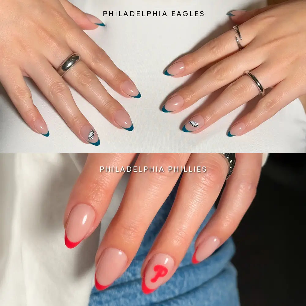 Two close-ups of manicured hands display glamnetic’s Philadelphia All-Stars press-on nails: one with blue French tips and Eagles art, the other with red French tips and a Phillies P logo. Text reads “PHILADELPHIA ALL-STARS.”.