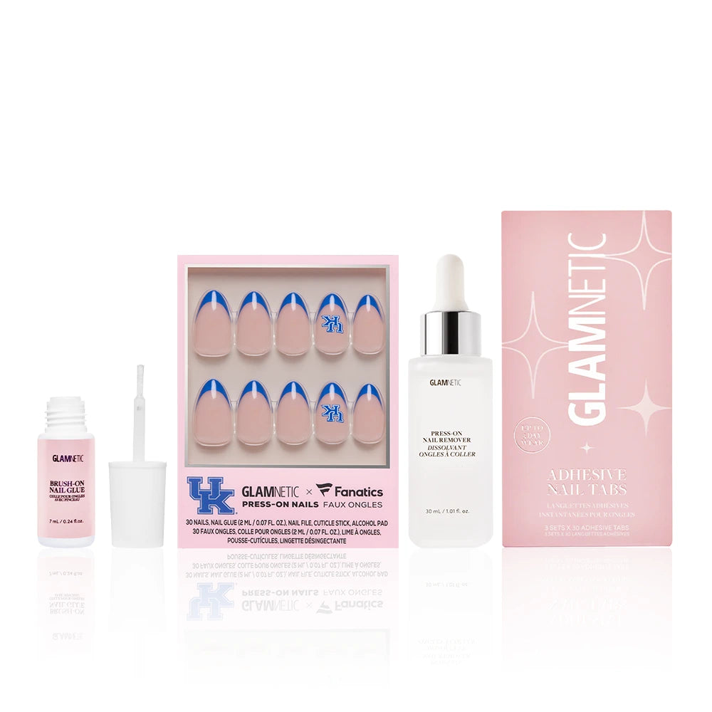 The Kentucky Wildcats Gameplan by glamnetic includes blue-tip press-on nails, salon-quality nail glue with brush, Press-on nail remover, and a pink box of adhesive tabs—your perfect game day nail bundle. - Product image