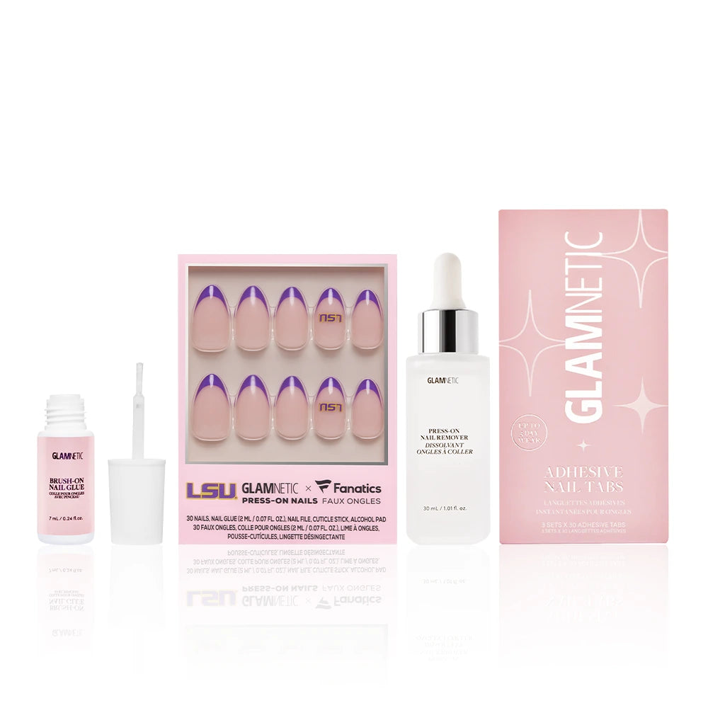 The glamnetic LSU Tigers Gameplan bundle includes purple French tip press-on nails with adhesive, nail tabs, glue, Press-on nail remover, and stylish pink and white packaging—everything you need for a salon-quality game day mani. - Product image