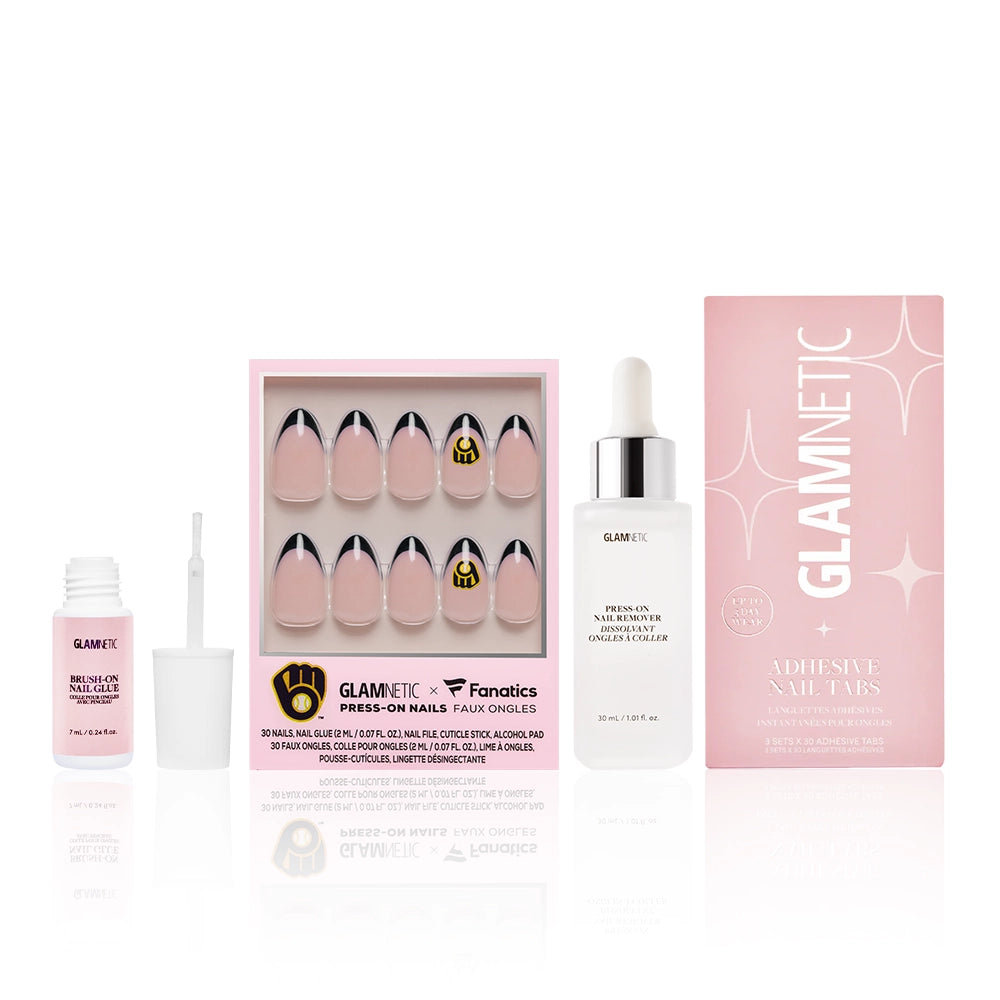 The glamnetic Milwaukee Brewers Major League Mani set includes salon-quality press-on nails with the team logo, adhesive tabs, nail glue,Press-on nail remover, all in chic pink and white packaging. - Product image