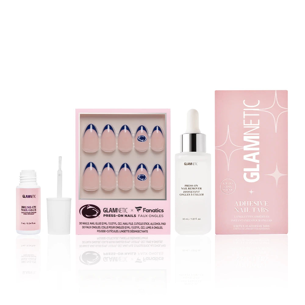 The Penn State Nittany Lions Gameplan by glamnetic includes press-on nails, salon-quality French tips, adhesive liquid, a remover dropper bottle, and adhesive nail tabs—all in a stylish pink box.