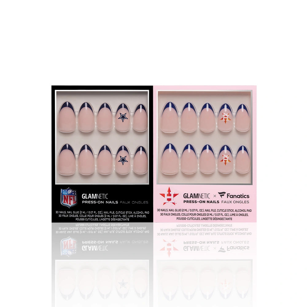 Two boxed sets from glamnetic: the Texas All-Stars features navy blue and silver press-on nails, while the other set showcases blue and red designs with the New England Patriots logo. - Product image