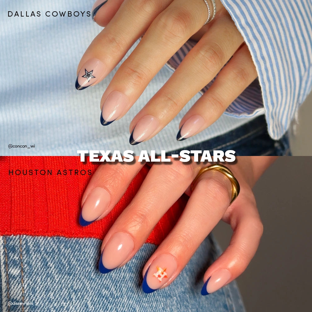 Two hands display manicured nails; the top has blue French tips with a Cowboys star, the bottom features Astros press-ons. Between them, Texas All-Stars highlights these officially licensed glamnetic sports nail sets.