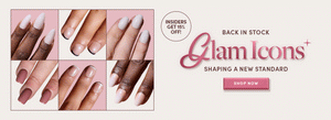 Glamnetic Glam Icons press-on nails displayed in neutral shades on diverse hands, with Back in Stock promotion.4