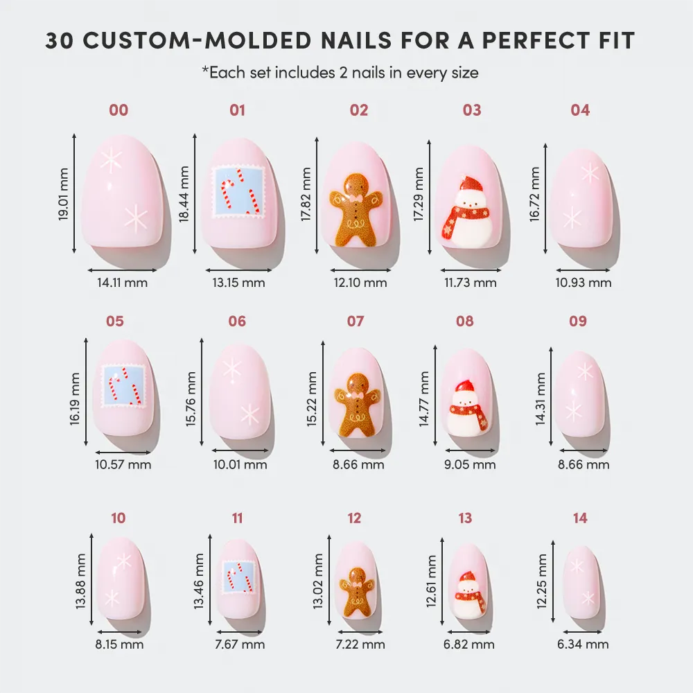 The glamnetic Cocoa & Kisses set includes 15 custom-molded pink short oval nails with festive designs like candy canes, gingerbread men, stockings, and Santa hats. Various sizes are included; measurements provided in millimeters. - Product image
