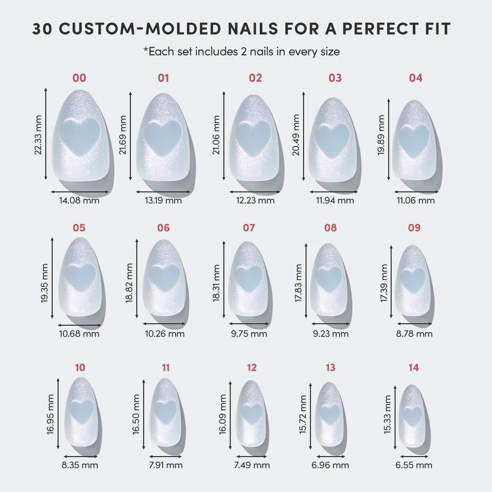 Chart displaying 15 custom-molded nail sizes in millimeters. glamnetic's Cold Hearted set features a white heart design—ideal for blue velvet nails or chic short almond styles. - Product image
