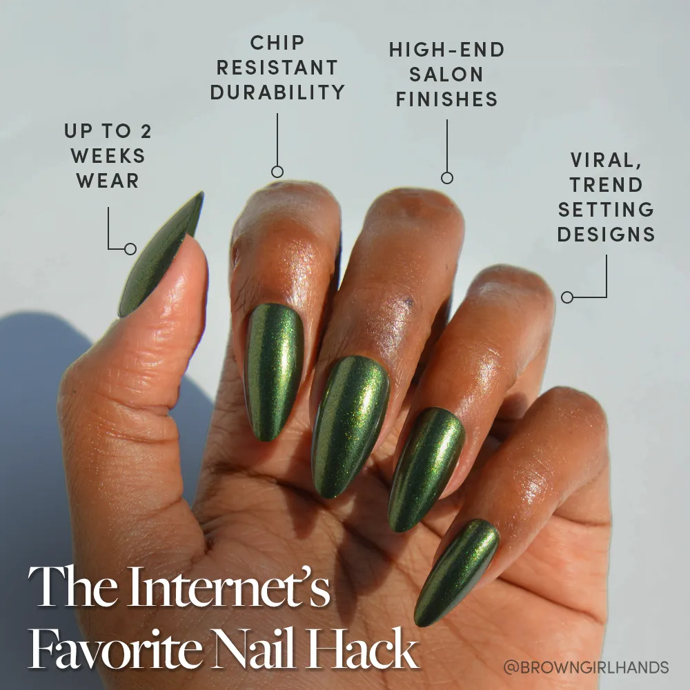 A hand with long, glossy green almond nails—glamnetic’s Cutie Pine—shows salon-quality, chip-resistant wear for up to 2 weeks. Viral designs and “The Internet’s Favorite Nail Hack” are highlighted below. - Product image