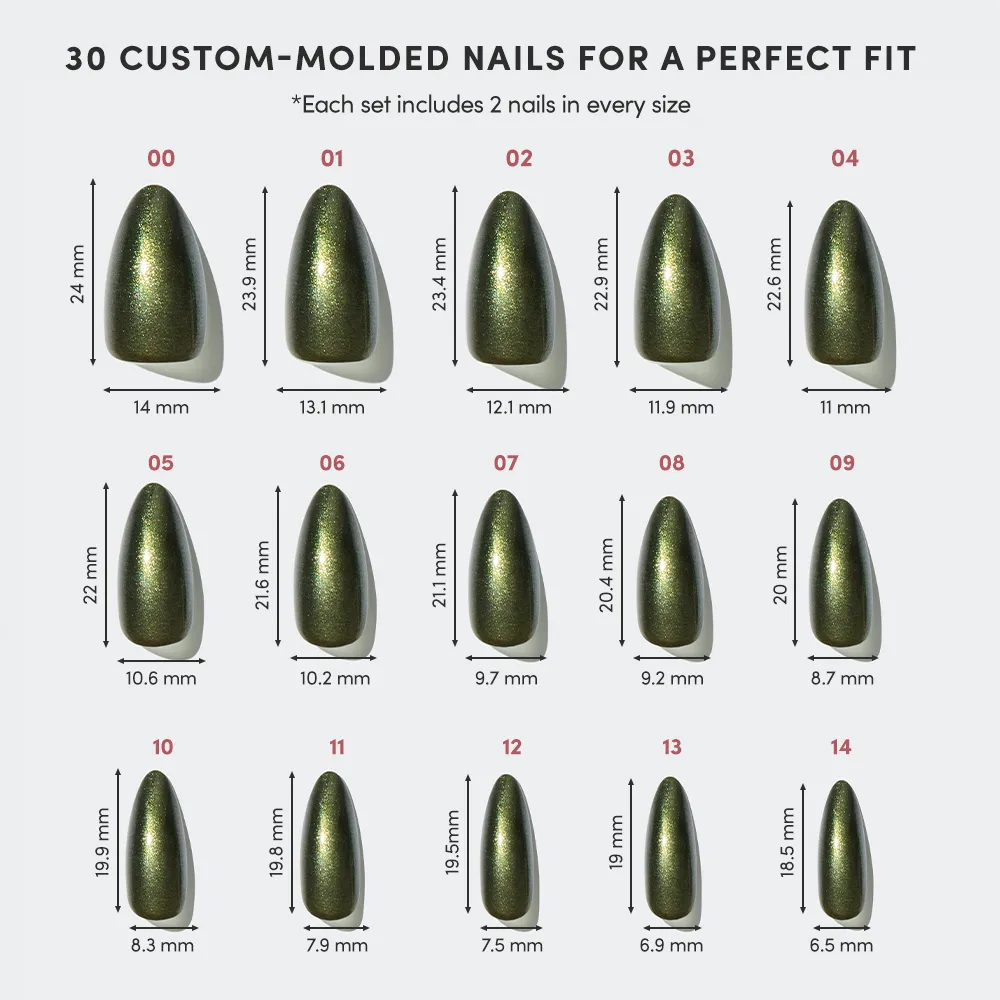 A chart shows 15 sizes of glamnetic's Cutie Pine metallic green press-on nails for an emerald almond look, with each nail numbered and its length and width in millimeters listed below. - Product image