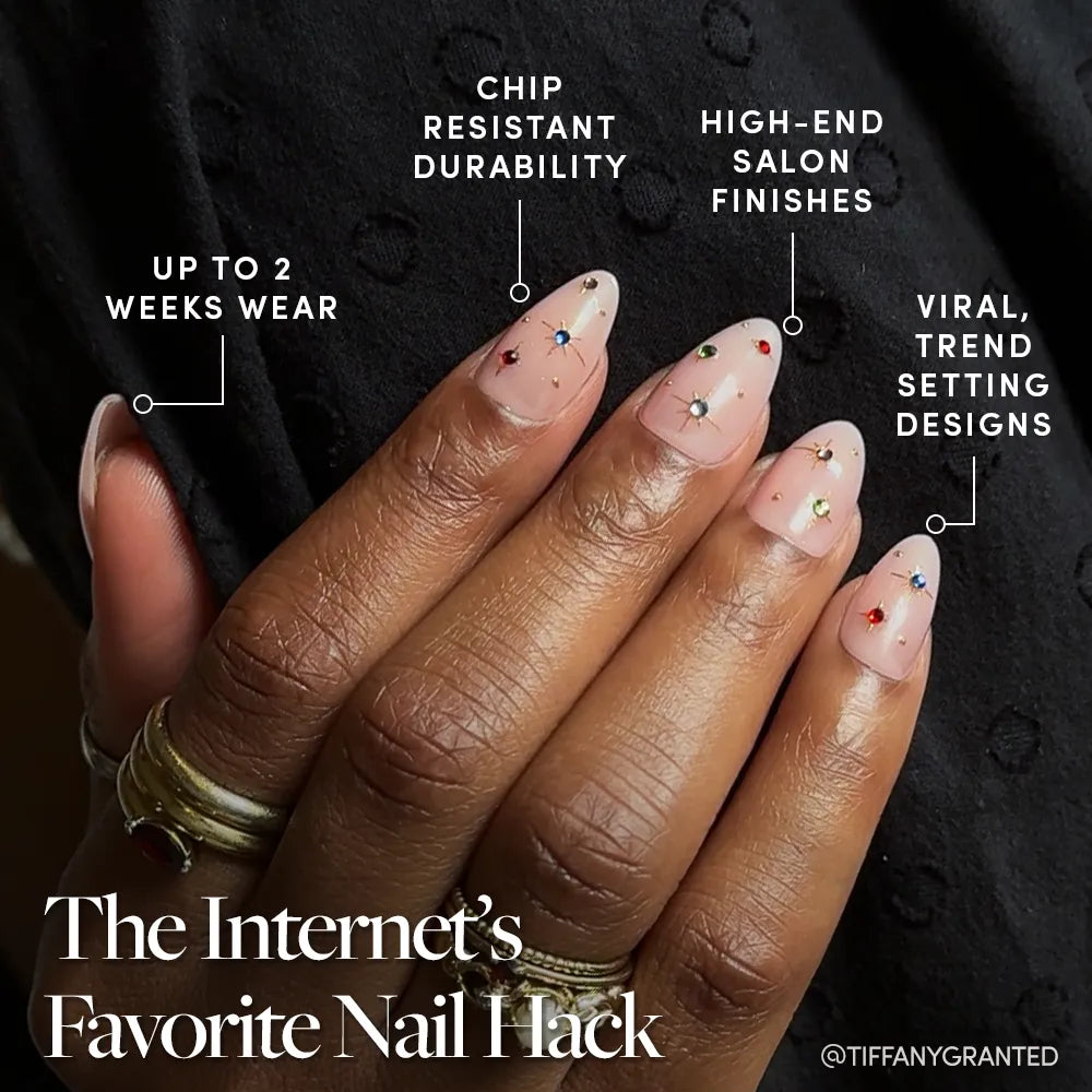 The glamnetic North Star set features almond-shaped nude nails with colorful gems, offering salon-quality, trend-setting holiday nails with chip-resistant wear for up to 2 weeks. - Product image