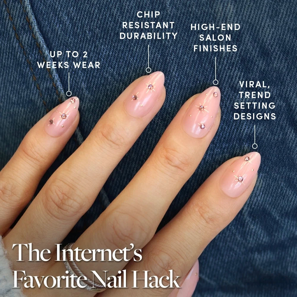 Pink Comet - Oval-shaped Pink Comet glamnetic press-on nails in pink nude, featuring embedded rhinestones and text overlays highlighting two-week wear, chip resistance, and salon-style finishes.
