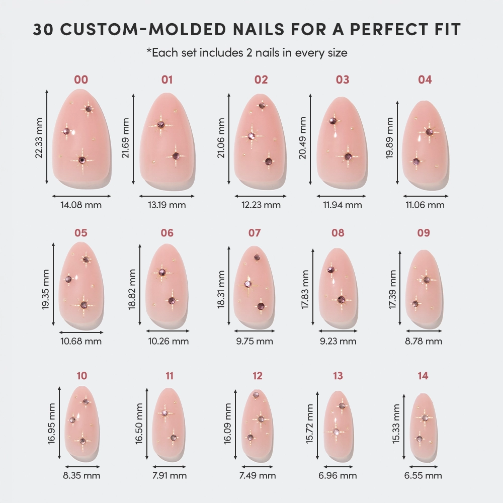A chart showcases 15 sizes of glamnetic Pink Comet press-on nails, each short almond-shaped and labeled with size numbers plus length and width in millimeters, all arranged in three rows. - Product image