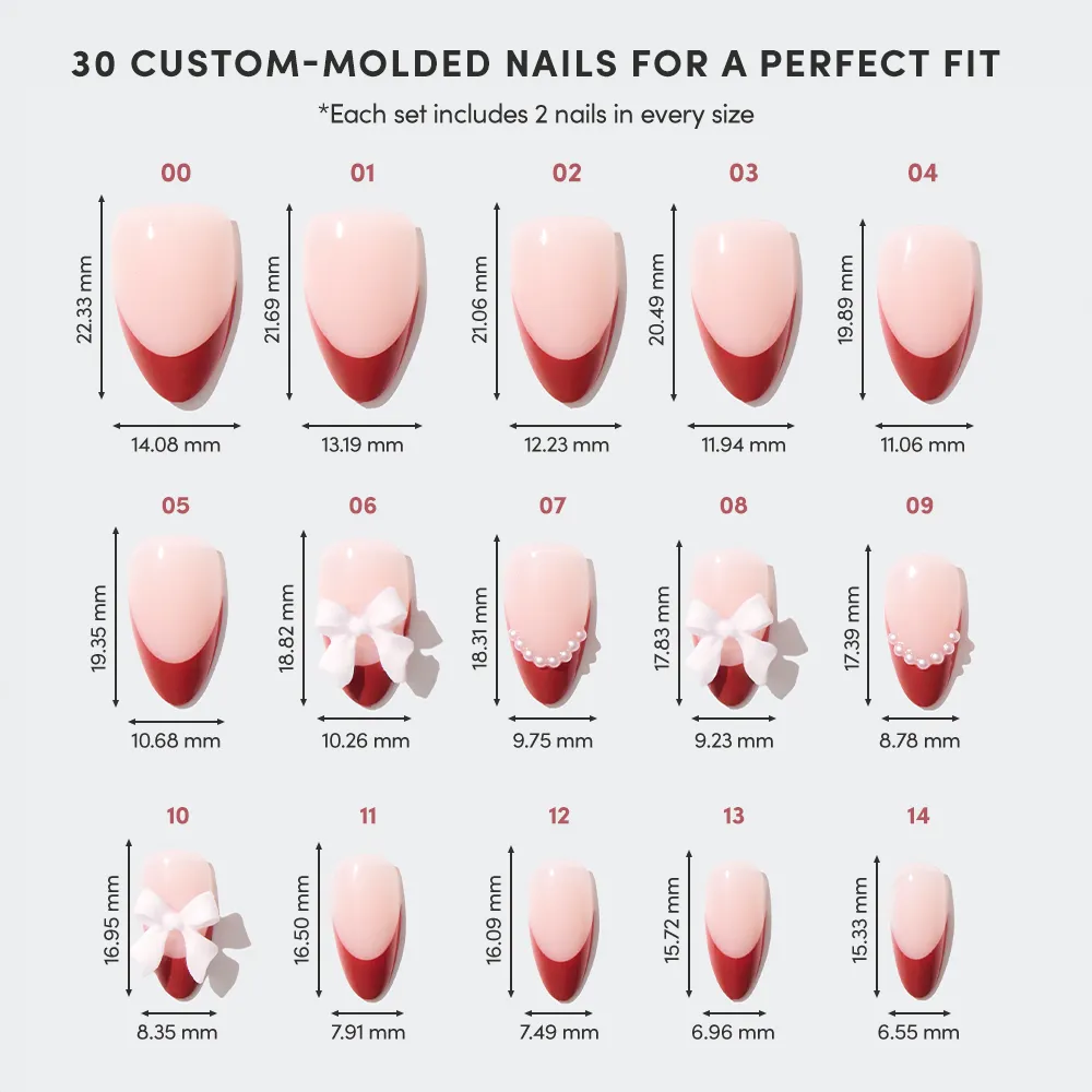 The glamnetic Ruby Ribbons chart showcases 15 custom-molded almond nail sizes with width and length measurements, featuring classic red French tips and festive ruby ribbons, all arranged in five rows. - Product image