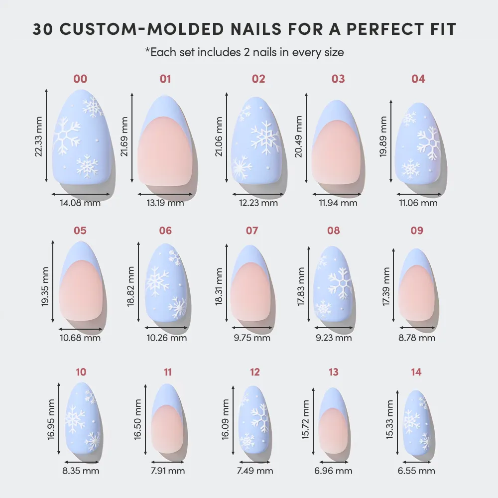 A chart shows 15 sizes of glamnetic’s Snow Bunny matte almond nails, each featuring winter snowflake designs with labeled length/width in millimeters. Each set includes 2 winter-themed nails per size. - Product image