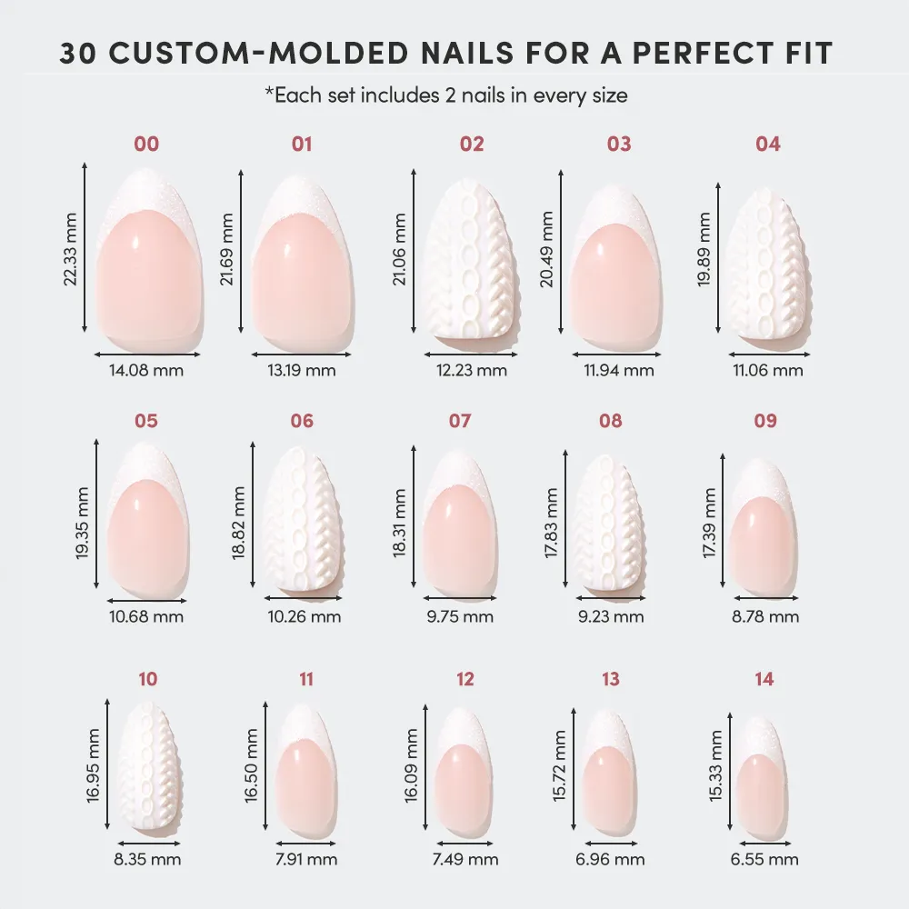 A chart displays 15 sizes of glamnetic's Sweater Weather custom-molded nails, labeled 01–15 and arranged in rows, each showing width and length measurements in millimeters. - Product image
