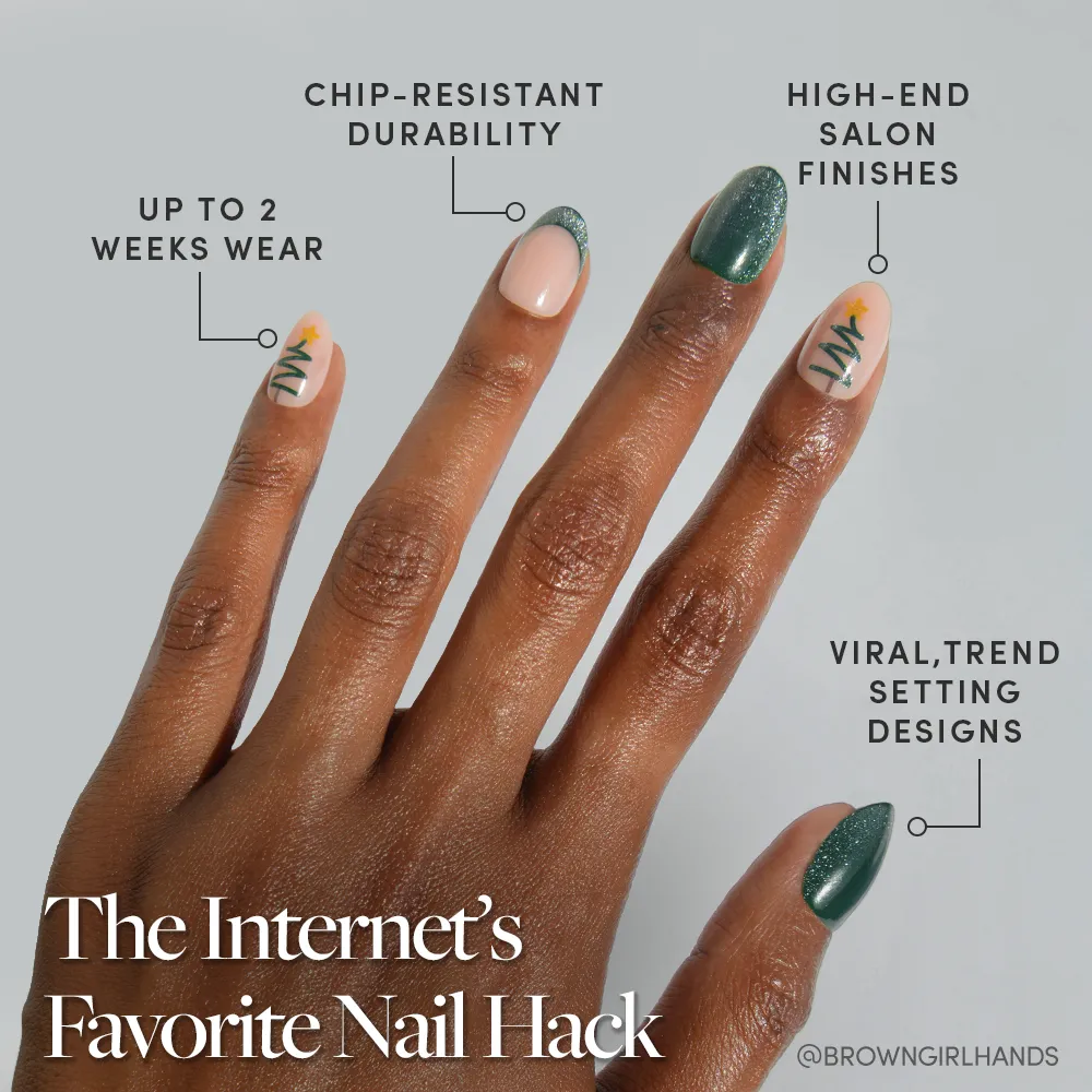 A manicured hand showcases glamnetic's Velvet Pine nails in green and nude with abstract designs. Text promotes up to 2 weeks wear, chip-resistant durability, high-end finishes, trendy styles, and “The Internet’s Favorite Nail Hack” below. - Product image