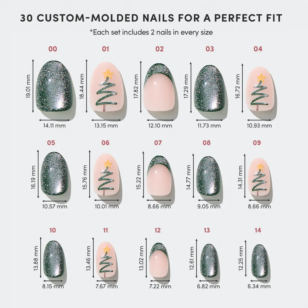 Velvet Pine by glamnetic: 15 pairs of custom-molded press-on nails with glittery green velvet, nude Christmas tree, and star designs. Includes all sizes for a perfect holiday manicure. - Product image