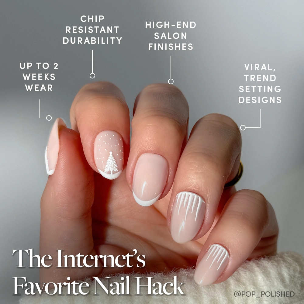 A hand shows off glamnetic's Winter's Tale nail set: natural nails with winter-white art—tree, dots, stripes, and French tips. Overlaid text highlights durability, longevity, salon-quality finish, and trendy winter designs. - Product image