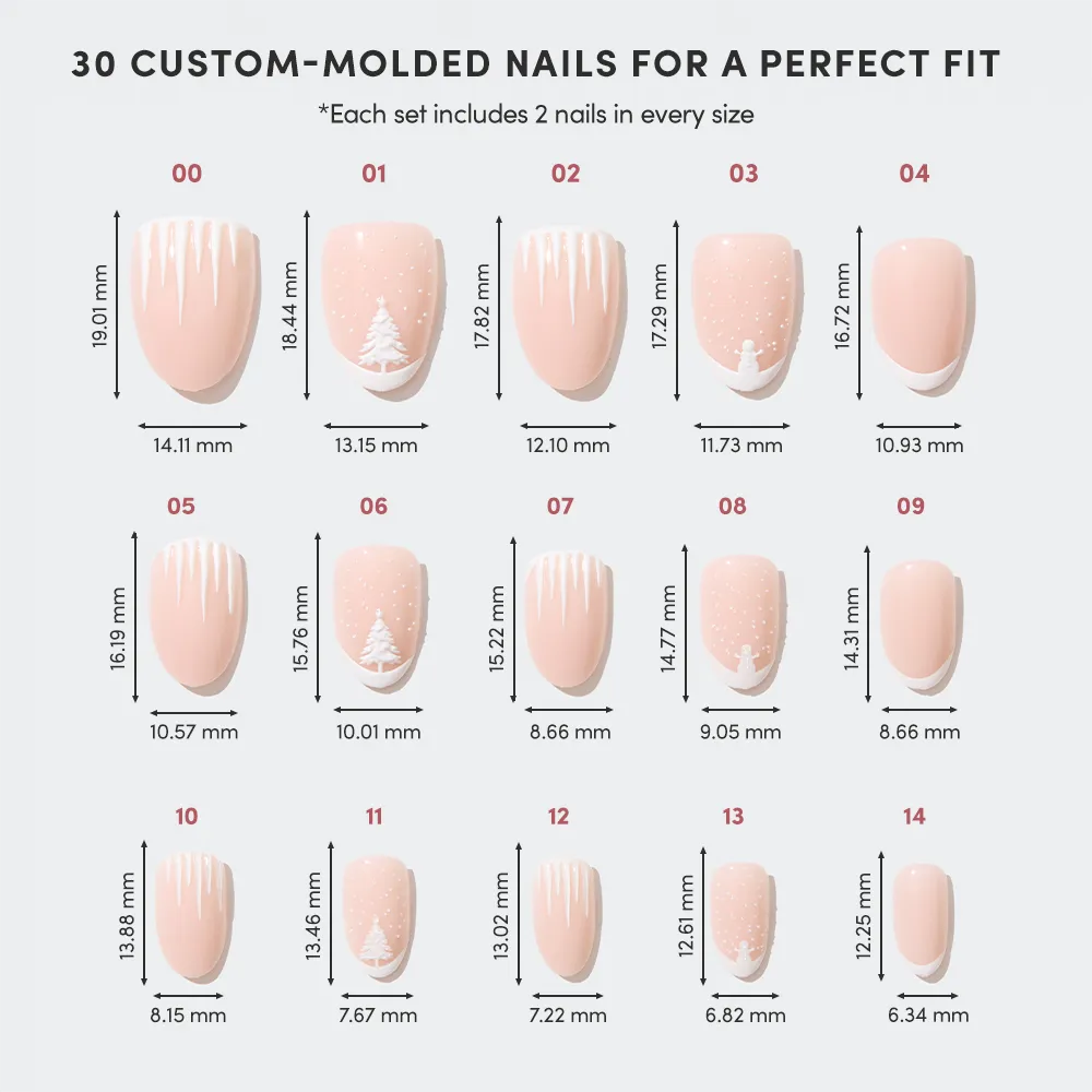 A chart shows 15 sizes of glamnetic's Winter's Tale custom-molded Christmas nails—each with a pink base, white winter nail art, and French tips—labeled with length and width in millimeters. - Product image