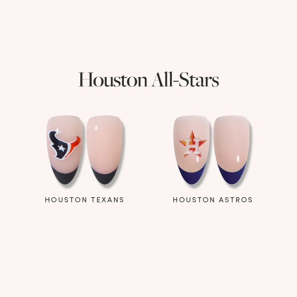 Show your team pride with glamnetic’s Houston All-Stars nail sets! Includes Houston Texans press-ons with black tips and Houston Astros press-ons with blue tips. Officially licensed—perfect for fans!.