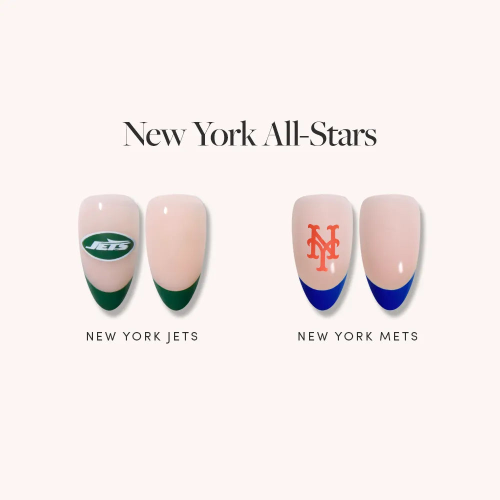 The glamnetic New York All-Stars Jets & Mets set features four officially licensed press-on nail sets: two with green-tipped Jets designs, and two with blue-tipped Mets designs, all displayed under the New York All-Stars label.