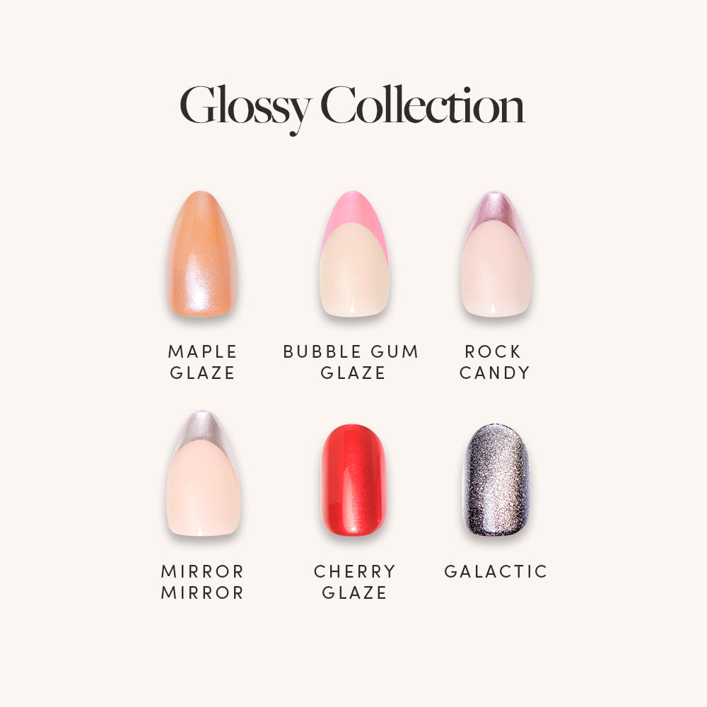 Six glamnetic artificial short almond nails from the Glossy Collection are shown in two rows, each with a unique glazed color: Maple Glaze, Bubble Gum Glaze, Rock Candy, Mirror Mirror, Cherry Glaze, and Galactic. - Product image