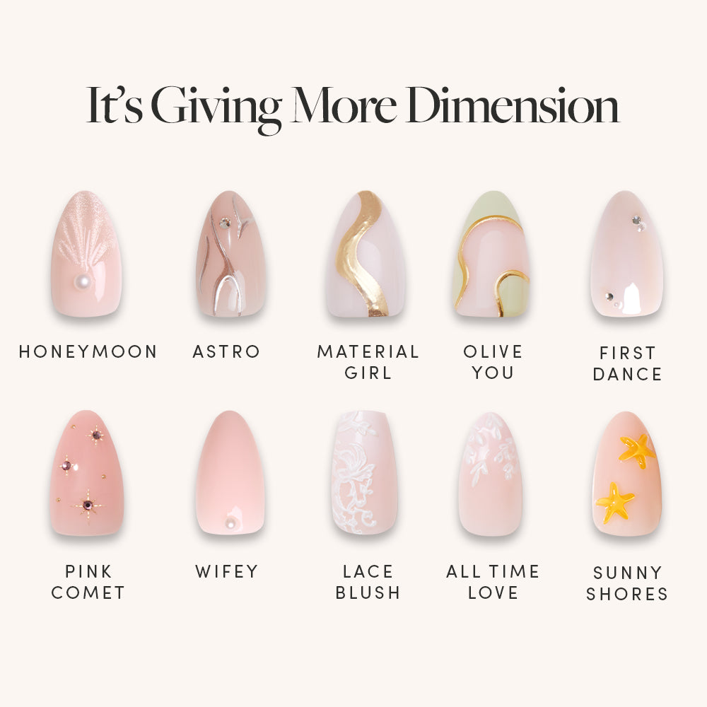 The glamnetic “It’s Giving More Dimension” set displays ten short almond press-on nails in two rows, each with unique 3D designs like metallic swirls, gems, stars, flowers, and French tips. Design names are labeled beneath each nail.