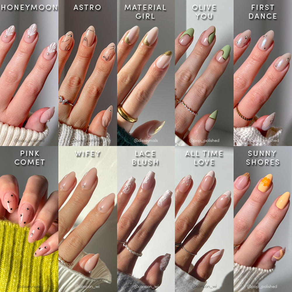 A collage of twelve manicured hands displays unique nail art from glamnetic’s It's Giving More Dimension—a stylish short almond press on nail set, perfect for fans of trendy 3D designs.