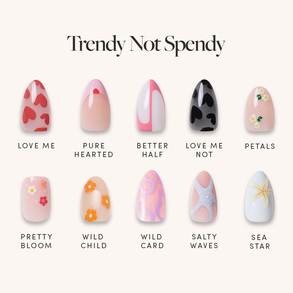 The Trendy Not Spendy set by glamnetic includes 10 short almond press on nails with hearts, pink swirls, flowers, waves, and a 3D starfish for fun, effortless style in trending designs.