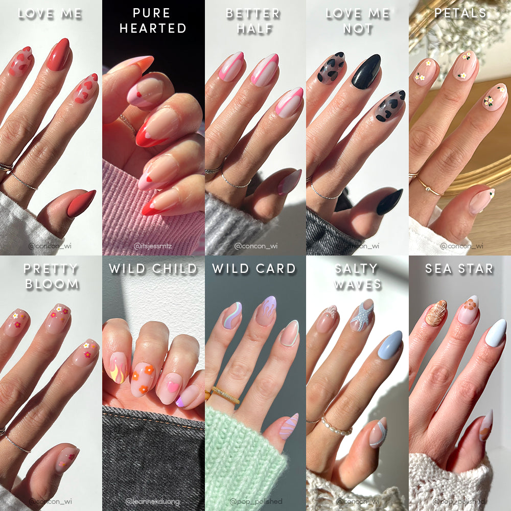 A collage of ten hands with glamnetic's Trendy Not Spendy designs—Love Me, Pure Hearted, Better Half, Love Me Not, Petals, Pretty Bloom, Wild Child, Wild Card, Salty Waves & Sea Star—perfect for your next short almond nail set.