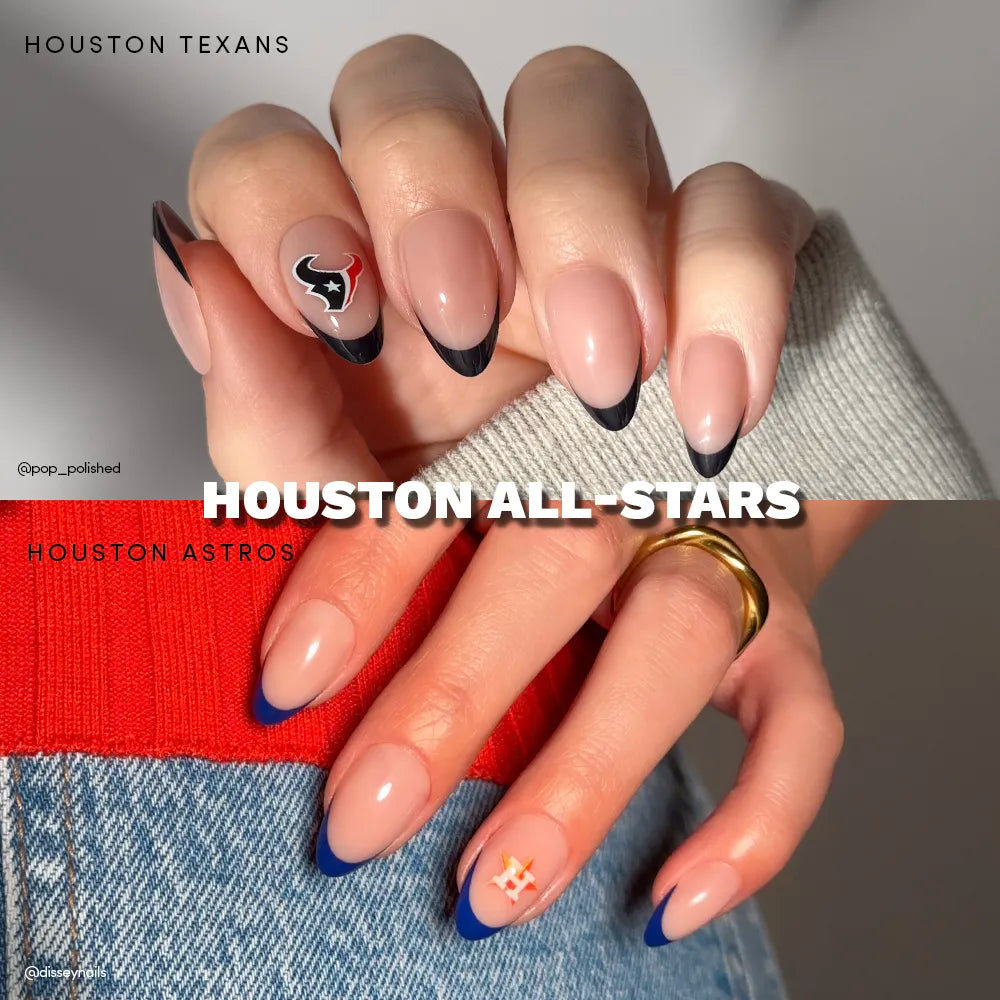 Show off your team spirit with glamnetic’s Houston All-Stars nail set! Features black French tips with a red heart and Texans logo, plus blue French tips with the Astros star. Officially licensed. Text reads: HOUSTON ALL-STARS.
