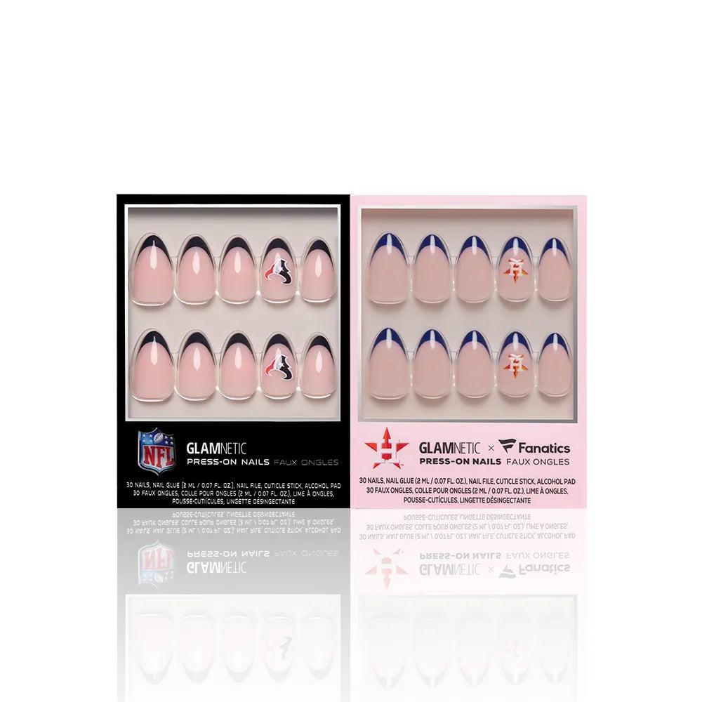 Two boxes of glamnetic Houston All-Stars sports nail sets, featuring NFL-themed press-on nails with pink bases and blue tips, each in chic black and pink packaging, officially licensed for football fans. - Product image