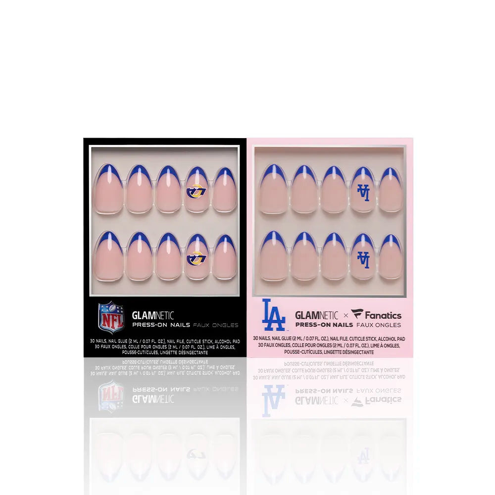 Glamnetic’s Los Angeles All-Stars includes two licensed press-on nail sets: one with the Minnesota Vikings NFL logo in purple/yellow, and one with the LA Dodgers MLB logo in blue—both on a pink nude base. - Product image