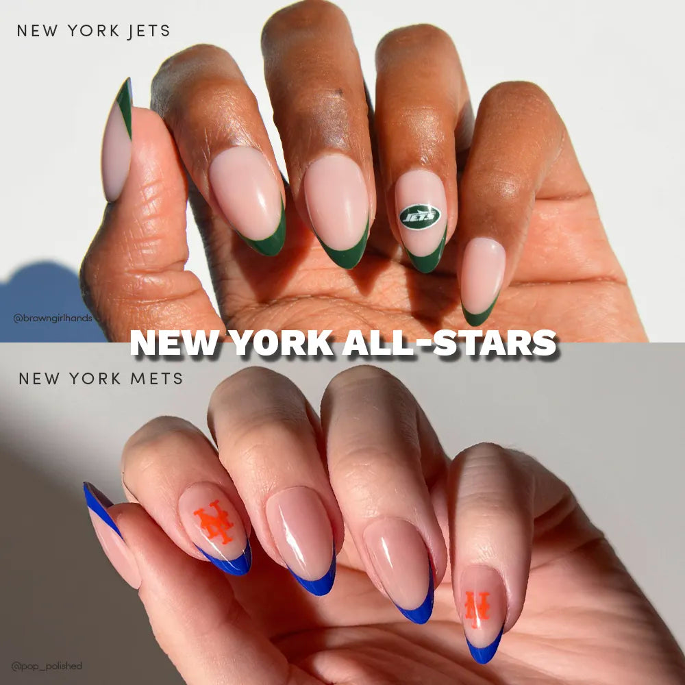 Two images of manicured hands featuring glamnetic's New York All-Stars Jets & Mets: the top shows almond nude nails with green French tips and a Jets logo; the bottom displays nude nails with blue tips and Mets logos.